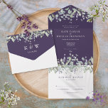 Purple Sage And Lilac Floral Monogram Wedding All In One Invitation<br><div class="desc">All in one wedding invitation featuring pretty watercolor greenery foliage and elegant modern typography on a purple background. The invitation includes a perforated RSVP card that can be individually addressed or left blank for you to handwrite your guest's address details. Designed by Thisisnotme©</div>