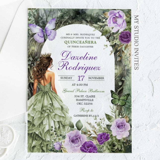 Purple Sage Green Whimsical Forest Quinceanera Acrylic Invitations (Creator Uploaded)