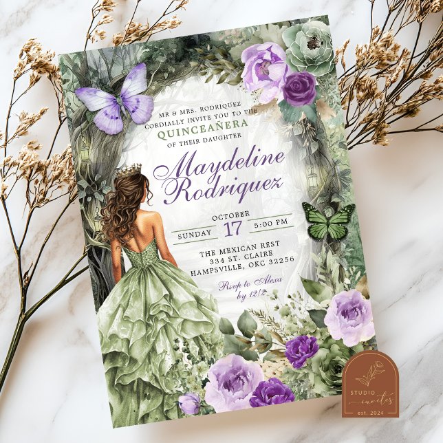 Purple Sage Green Whimsical Forest Quinceanera Invitation (Creator Uploaded)
