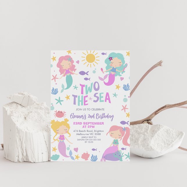 Purple Sage Mermaid Two The Sea 2nd Birthday  Invitation (Two the Sea Mermaids invitation, Mermaids and Sea, Ocean Life Girls 2nd Birthday Invitation,)