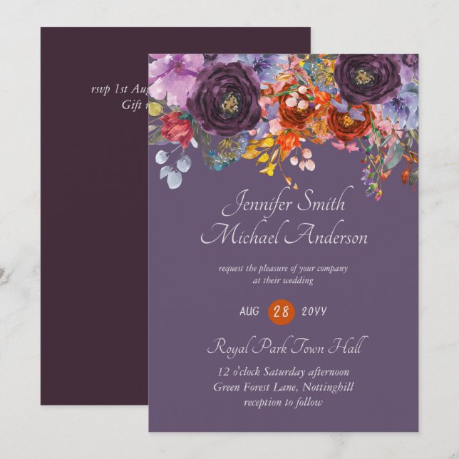 Purple Sage Orange Pink Floral Wedding Invitations (Front/Back)