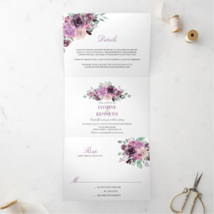 Purple Sangria Mauve Watercolor Flowers Greenery Tri-Fold Invitation