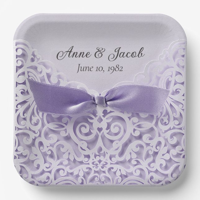 Purple Satin Bow On Lace for Anniversary Paper Plate (Front)