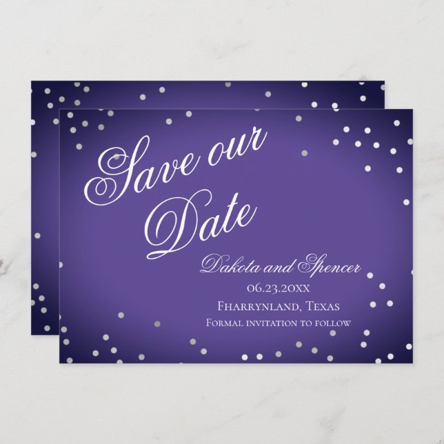 Purple Save our Date | Chic Violet Silver Confetti Save The Date (Front/Back)