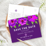 Purple Save the Date Bat Mitzvah Floral Watercolor Invitation Postcard<br><div class="desc">Make sure all your friends and relatives will be able to celebrate your daughter’s milestone Bat Mitzvah! Send out this chic, stunning, purple pink floral watercolor with modern san serif type against a dark plum purple background, personalised “Save the Date” announcement postcard. Personalise the custom text with your Bat Mitzvah’s...</div>