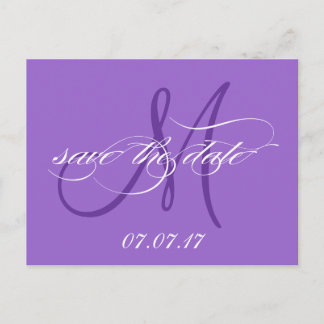 Purple Save the Date Monogram Postcard