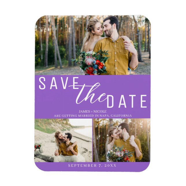 Purple Save the Date Wedding 3 Photos Magnet (Vertical)