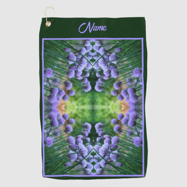 Purple Scallion Abstract Flowers Personalised Golf Towel (Front)