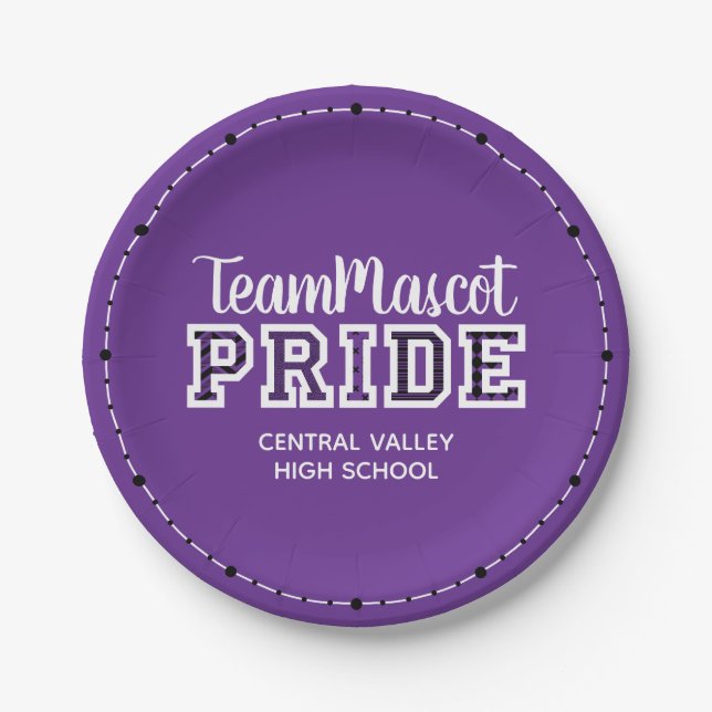 Purple School Pride Mascot Name Paper Plates (Front)