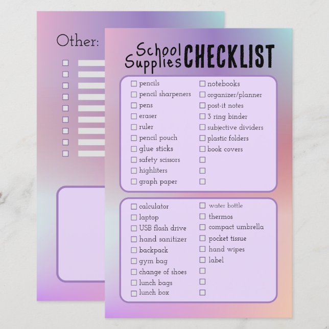 purple school supplies checklist  (Front/Back)