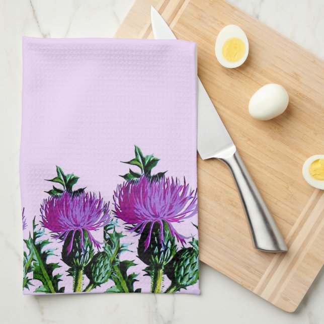 Purple Scottish Garden Thistle Tea Towel (Quarter Fold)
