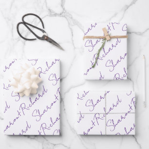 Purple script calligraphy names wedding wrapping paper sheet