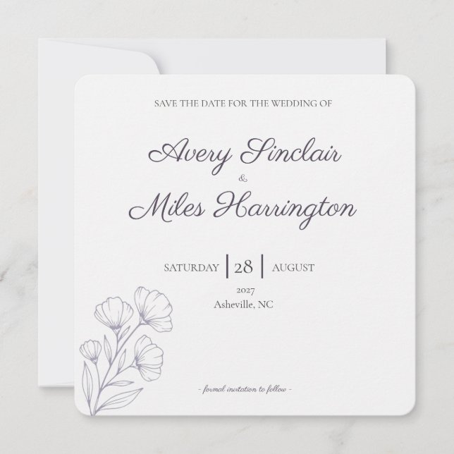Purple Script Line Art Wedding Save the Date (Front)