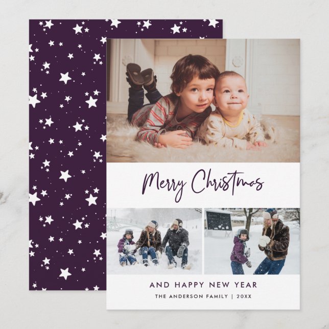 Purple Script Stars Christmas 3 Photo Collage Holiday Card (Front/Back)