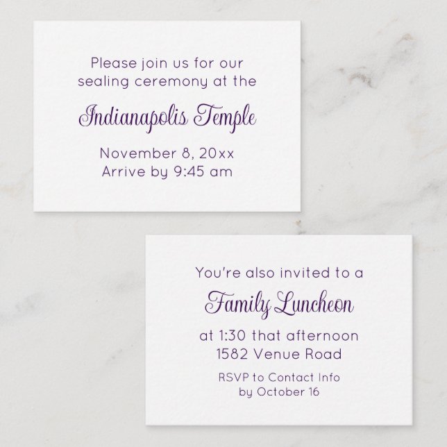 Purple Script Temple Sealing & Meal Invitation (Front/Back)