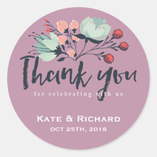 Purple Script Thank You Floral Wedding Sticker