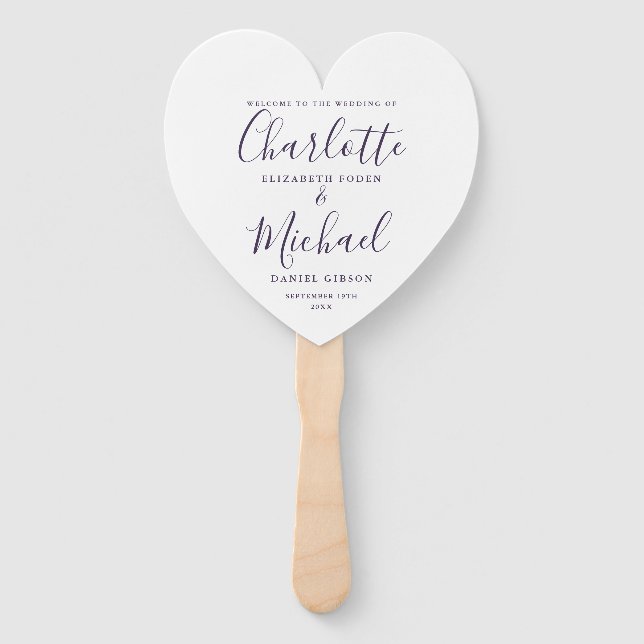Purple Script Wedding Ceremony Heart Hand Fan (Front)