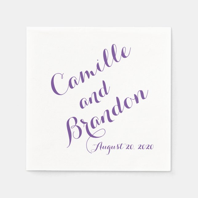 Purple Script Wedding Paper Napkins (Front)