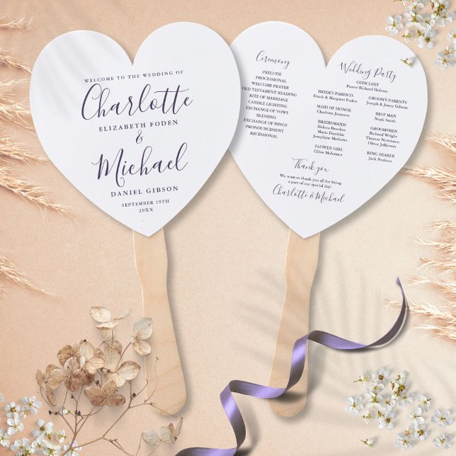 Purple Script Wedding Program Heart Hand Fan (Purple Script Wedding Program Heart Hand Fan)