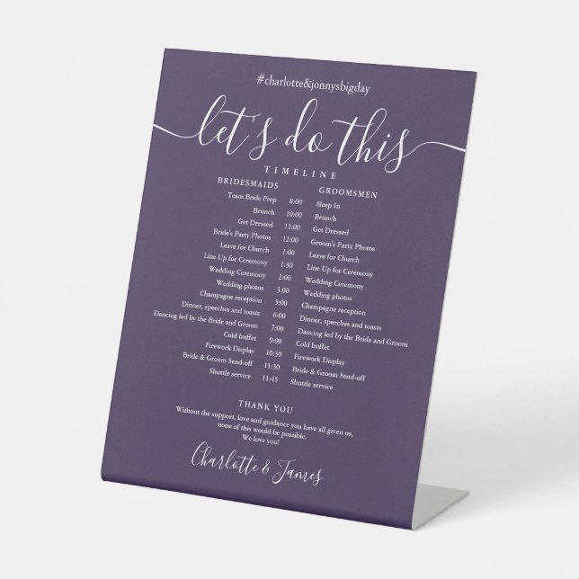 Purple Script Wedding Schedule Timeline Pedestal Sign (Front)