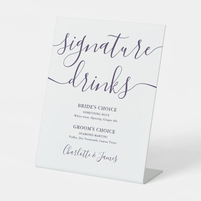 Purple Script Wedding Signature Drinks Pedesta Pedestal Sign (Front)