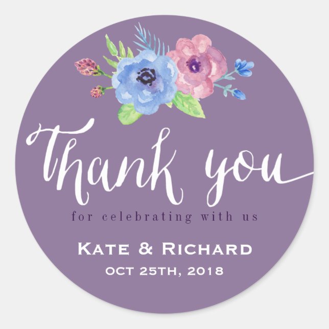 Purple Script Wedding Thank You Floral Sticker (Front)