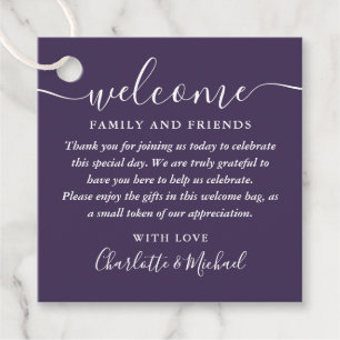 Purple Script Wedding Welcome Gift Basket Bag Favour Tags