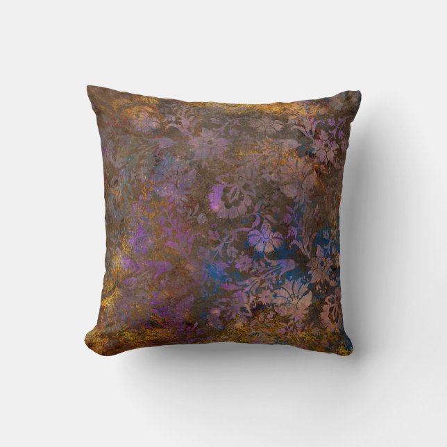 Purple Scroll Work Flowers on Blue Cushion (Front)