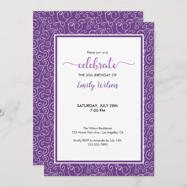 Purple Scrolling Pattern 30th Birthday Invitation (Front/Back)