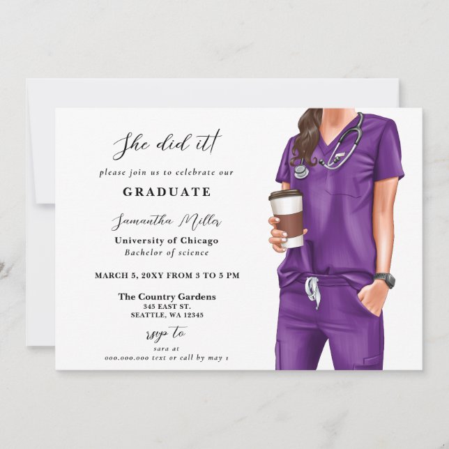Purple Scrubs Nurse Photo She Did It Graduation Invitation (Front)