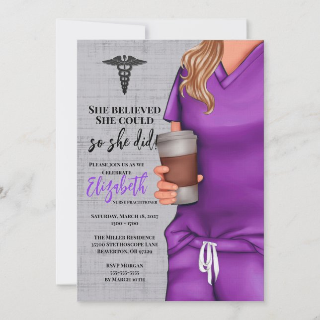Purple Scrubs Nursing School Graduation Invitation (Front)