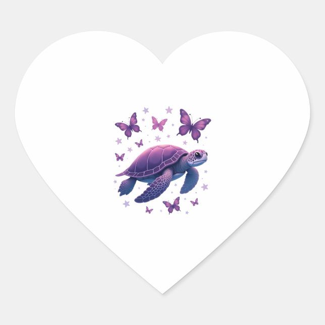 Purple - Sea Turtle Butterfly T-Shirt Heart Sticker (Front)