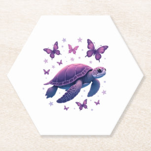 Purple - Sea Turtle Butterfly T-Shirt Paper Coaster