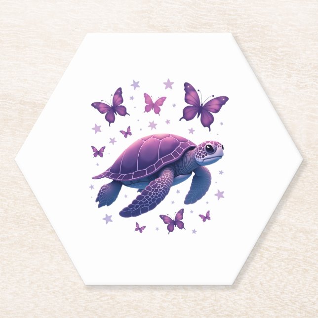 Purple - Sea Turtle Butterfly T-Shirt Paper Coaster (Front)
