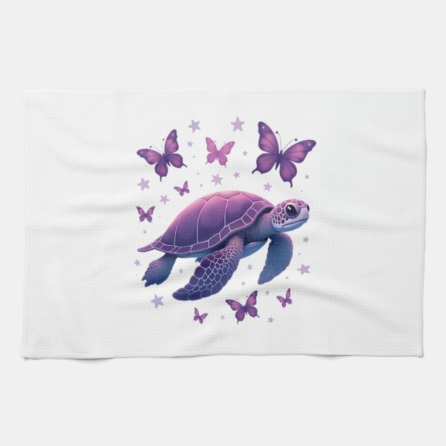 Purple - Sea Turtle Butterfly T-Shirt Tea Towel (Horizontal)