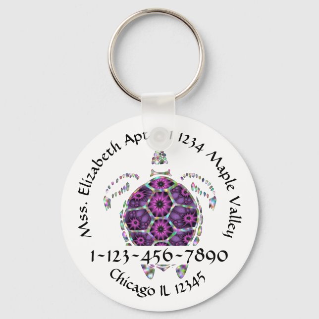 Purple Sea Turtle Home Contact Information Key Ring (Front)