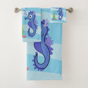 Purple Seahorse Cute Bathroom Towel Set