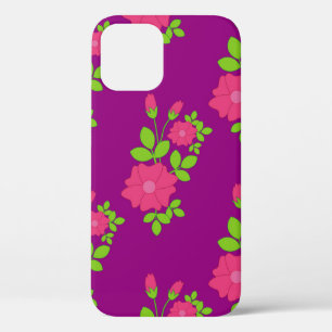 Purple seamless pattern with pink flowers and gree iPhone 12 case
