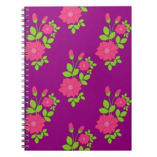 Purple seamless pattern with pink flowers and gree notebook