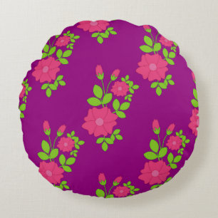 Purple seamless pattern with pink flowers and gree round cushion