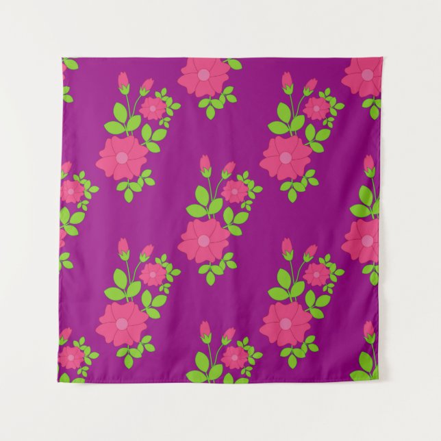 Purple seamless pattern with pink flowers and gree tapestry (Front)