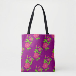 Purple seamless pattern with pink flowers and gree tote bag