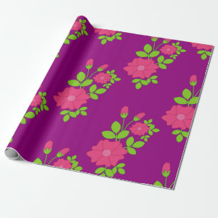 Purple seamless pattern with pink flowers and gree wrapping paper
