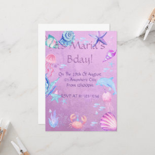 Purple seashells girl birthday invitation 