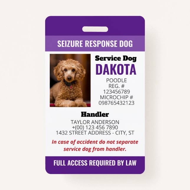 Purple Seizure Response Dog Logo QR Photo ID ID Badge (Front)