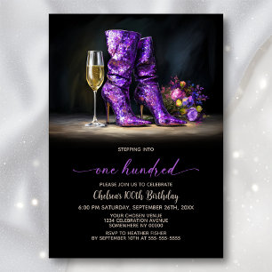 Purple Sequin Boots 100th Birthday Party Invitation