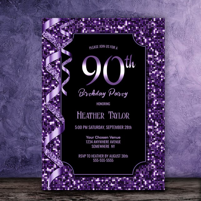 Purple Sequins 90th Birthday Party Invitation (Creator Uploaded)