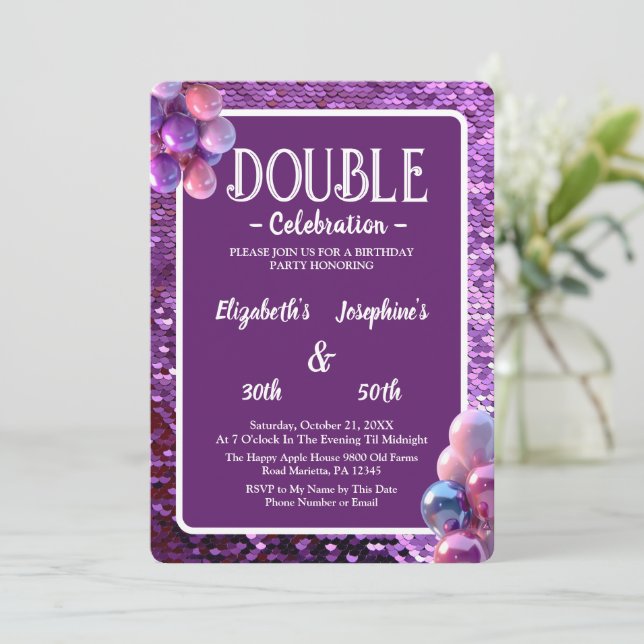 Purple Sequins Double Joint Birthday Celebration Invitation (Standing Front)
