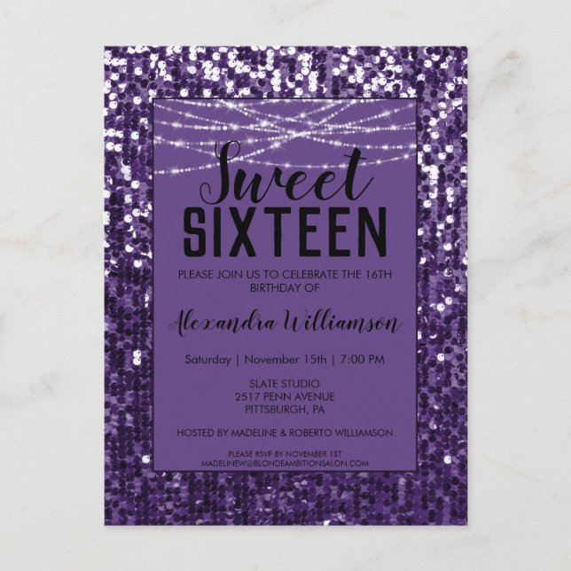 Purple Sequins/Glitter Chic Sweet 16 Invitation Postcard (Front)