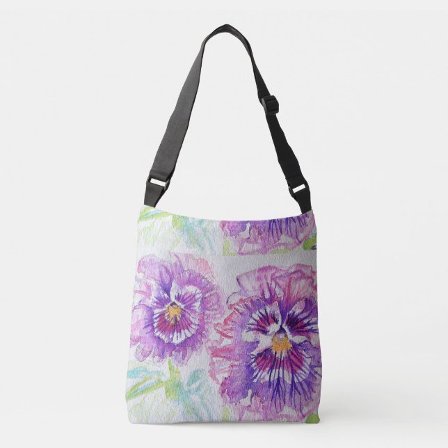 Purple Shabby Pansy Watercolor Crossbody Bag art (Front)